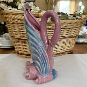 Royal Haeger Swan Pillow Vase • Mauve Agate Green‑Pink Swirl • 1930s–40s